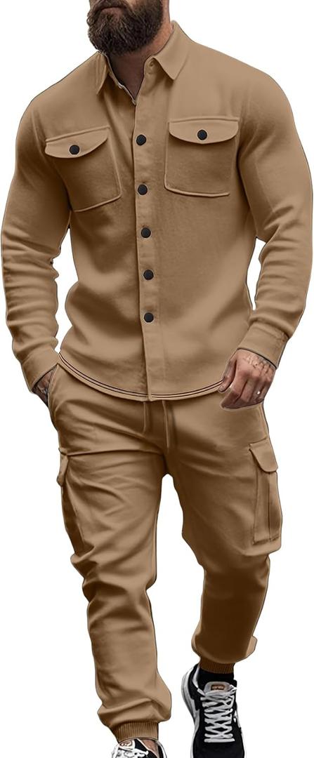 Men's Fleece Cargo Jacket Tracksuit Set 2 Pieces Solid Color Long Sleeve Button up Jacket and Cargo Pants Set (Large, Khaki)