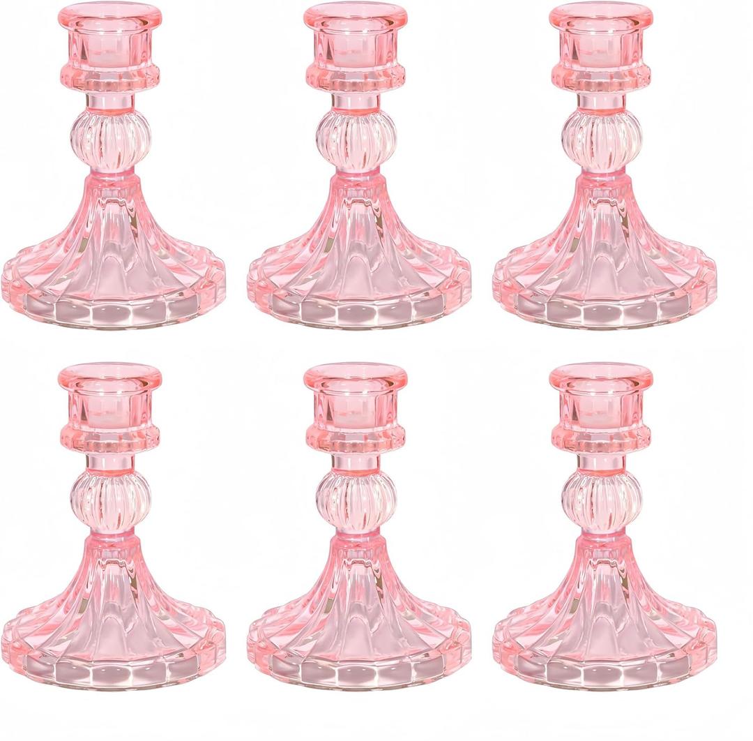 Glass Candlestick Holder, Striped Taper Candle Holders, Set of 6 Candle Stand for Table Centerpieces, Home Decor, Weddings, Festival and Parties (Pink Stripe Pattern)