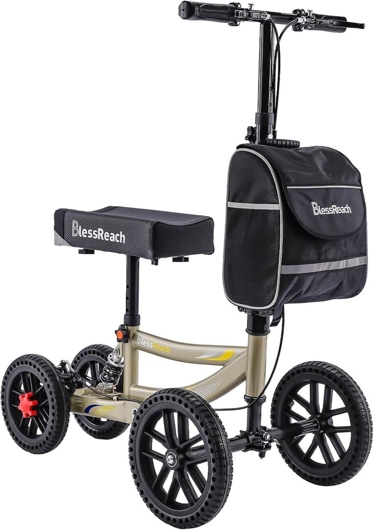 Knee Scooter, 300lbs Capacity, 13" Big PU Seat, Disc Brake Knee Walker, All Terrain Foldable Knee Scooter Walker with Bag for Foot Injuries Compact Crutches Alternative (Champagne)
