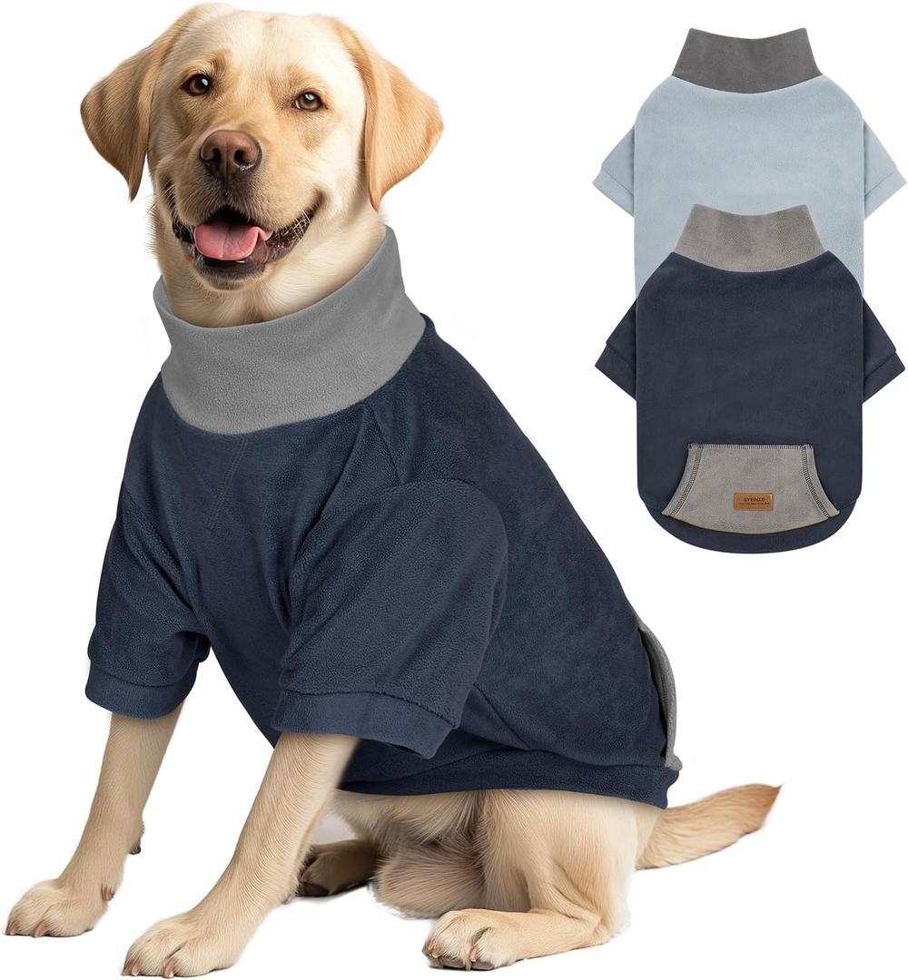 cyeollo 2 Pack 3XL Dog Sweaters for Large Dogs, Strechy Soft Fleece Sweatshirt for Dogs Boy Girl Turtleneck Warm Winter Big Dog Clothes with Sleeves, Navy & Light Blue XXXL