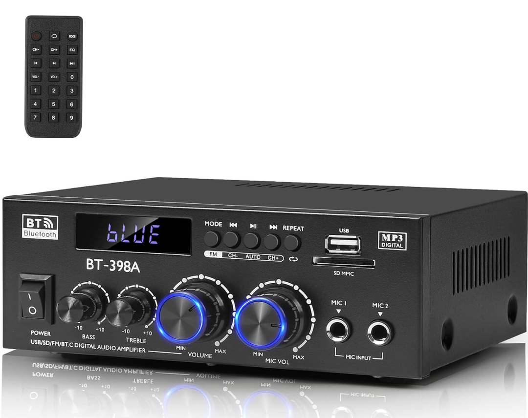 Romica Stereo Audio Amplifier, 2 Channel 450W+450W Bluetooth 5.0 Home Theater Power Amplifier with FM Radio, USB, SD, Optical & Coaxial Inputs, Amplifier for Passive Speakers and Active subwoofer