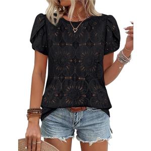 OFEEFAN Blouses for Women Dressy Casual Petal Short Sleeve Shirts Crochet Lace Boho Tops Spring Fashion Summer Outfits (Medium, Black)