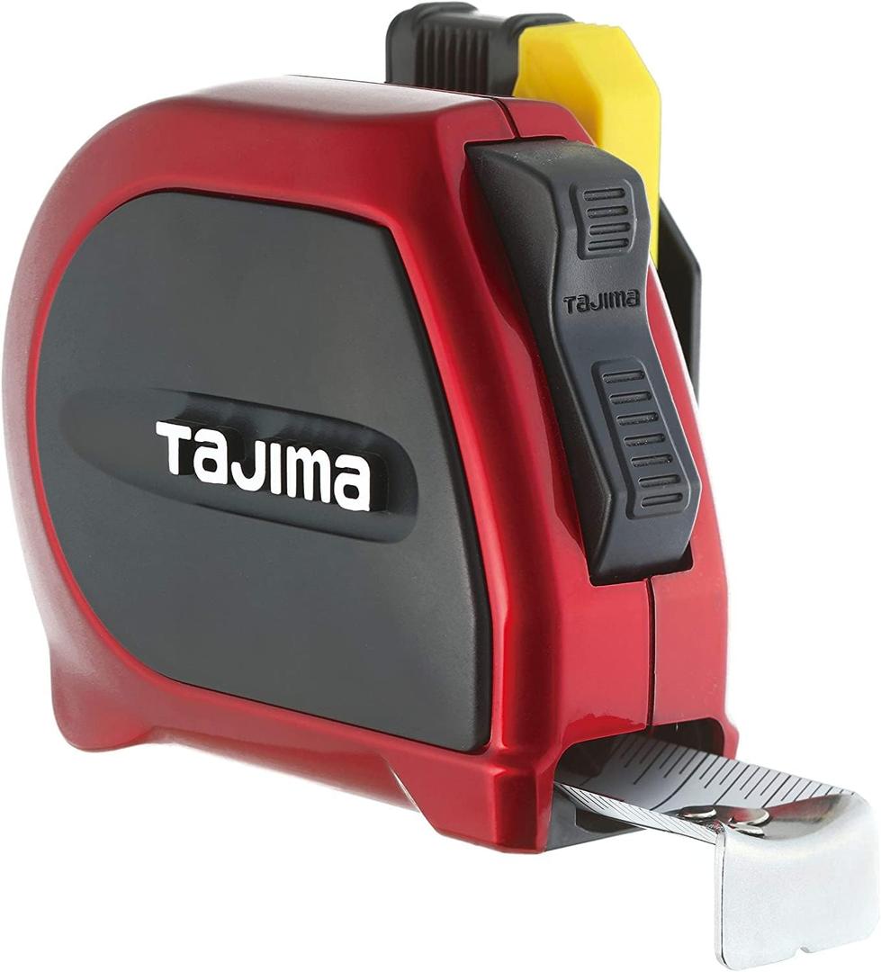 TAJIMA Tape Measure - SAE & Metric Scale 25ft/7.5m x 1 inch Sigma Stop Measuring Tape with Acrylic Coated Auto Locking Blade & Safety Belt Holder - SSSF-25/7.5MBW, Black and Red 