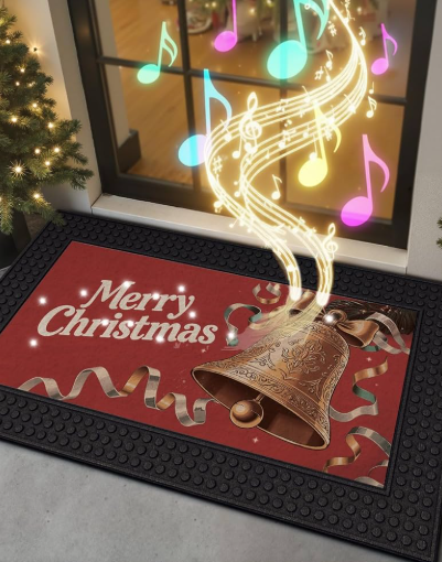 Merry Christmas Front Door Mat with Light & Music, 18x30 Heavy Duty Rubber Entrance Mat, Non Slip Indoor Outdoor Xmas Welcome Doormat for Entryway, Golden Bell and Red