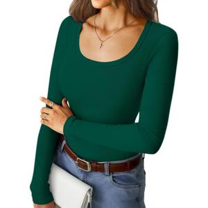 Women's Long Sleeve Tops Casual Scoop Neck Ribbed Knit Slim Fitted Basic Tee Shirts 2025 Fall Trendy Outfits (Large, Deep Green)