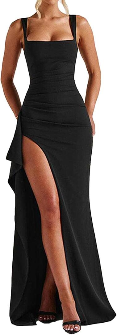 ABYOVRT Women Formal Dresses Sleeveless Bodycon Ruched High Slit Sexy Maxi Dress Cocktail Prom M