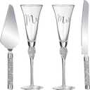 4 Piece Wedding Cake Knife and Champagne Flutes Server Set Mr and Mrs Toasting Flutes Crystal Rhinestone Cake Cutting Set for Bride and Groom Wedding Engagement Bridal Shower Gifts(Silver)