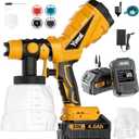 Cordless Paint Sprayer With Battery 2*4000mAh 2*1200 ml Cans,Electric Spray Paint With Reusable Metal Filter 4 Nozzles,Hvlp Spray For House Painting Furniture Cabinets Fence Wall (Large, Yellow)