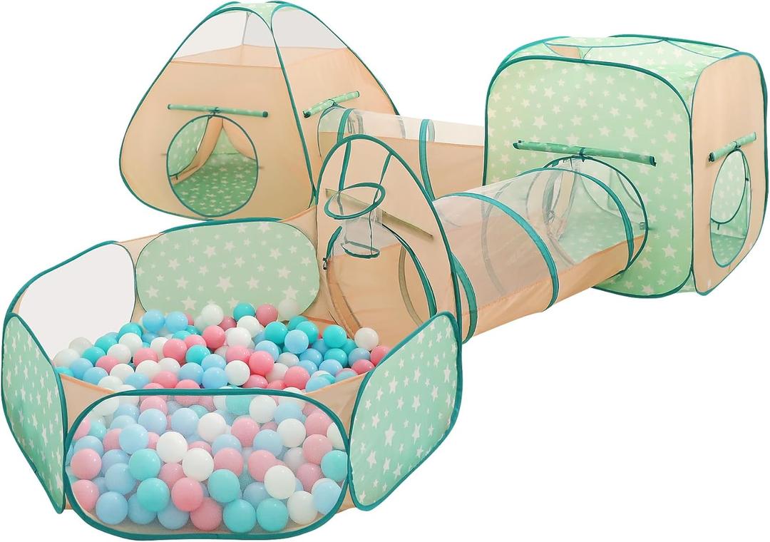 LimitlessFunN 5 in 1 Pop Up Kids Ball Pit Tents and Tunnels for Boys, Girls, Babies and Toddlers, Indoor/Outdoor Children Playhouse, Orange/Light Green