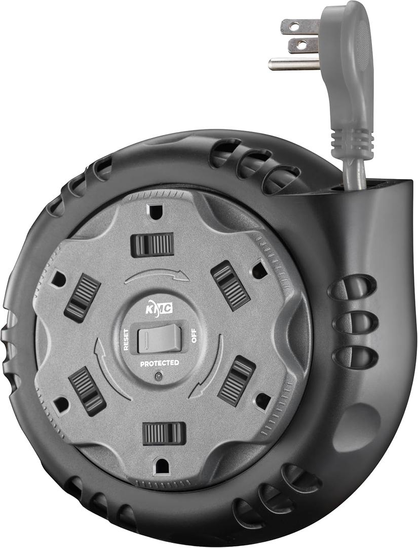 KMC 6-Outlet Surge Twist Cord Reel Retractable Power Strip Surge Protector, 1085J Surge Protection, 8ft 14/3 Retractable Extension Cord, 3-Prong Low-Profile Flat Plug, UL/ETL Certified, Gray