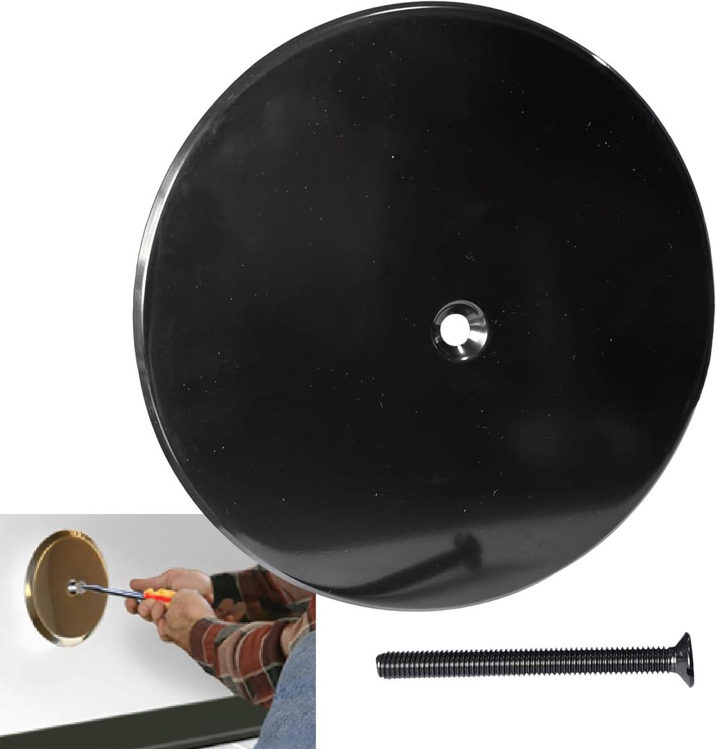 7" Black Decorative Cleanout Access Covers Plate, Flat Design Cover and Seals CO2530-SS7 For Back Deck Drains and Plug Hole with Large Center Securing Screw, Stainless Steel, Round
