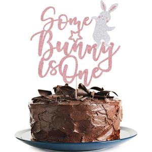 Some Bunny Is One Cake Topper with Glitter Easter Bunny First Birthday Cake Pick for Happy Easter Themed Baby Shower Kids 1st Birthday Party Cake Decorations Supplies 