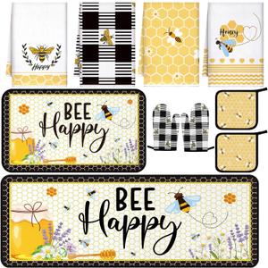 10 Pcs Bee Kitchen Dish Towels Rugs Oven Mitts and Pot Holders Set Farmhouse Kitchen Decor Set for Women Mom Daughter Gift Cooking Baking Grilling (Cute Yellow Black)