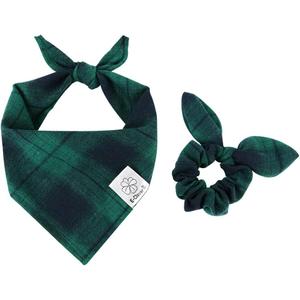 E-Clover Spring Dog Bandanas Boy & Matching Scrunchie Set Plaid Dog Bibs Scarf Triangle Kerchief Bandana for Medium Large Dogs Birthday Gifts Pet Owner Mom Green 