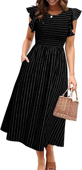 Simplee Womens Striped Midi Summer Dress Smocked Flutter Short Sleeve Dress 2025 Flowy Casual Dress with Pockets (Small, Black)