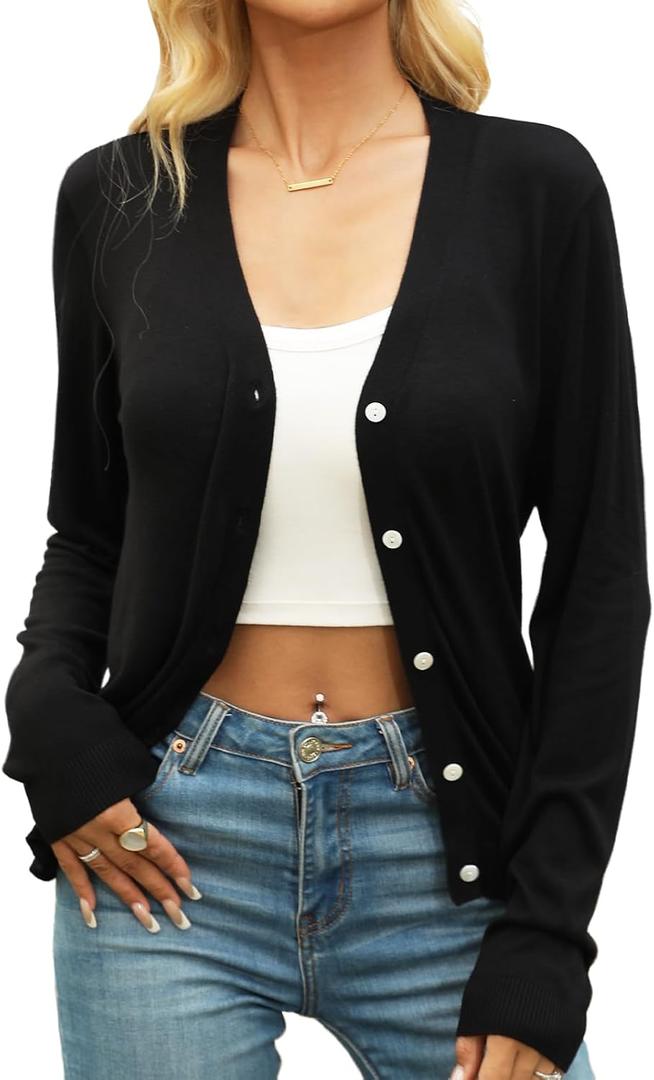 Women's Button Down Crew Neck Long Sleeve Lightweight Soft Knit Basic Casual Classic Fit Cardigan Sweaters (Black, XL)