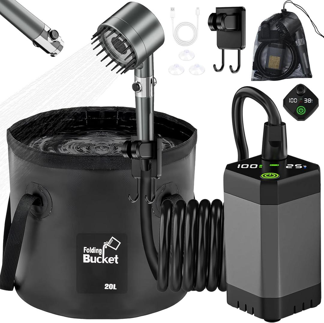 Portable Shower for Camping 6000mAh Rechargeable Shower Pump with Intelligent LED Display & 20L Foldable Bucket 4 Spray Modes Outdoor Shower Head IPX7 Waterproof for Hiking, Travel, Car, Pet, Beach