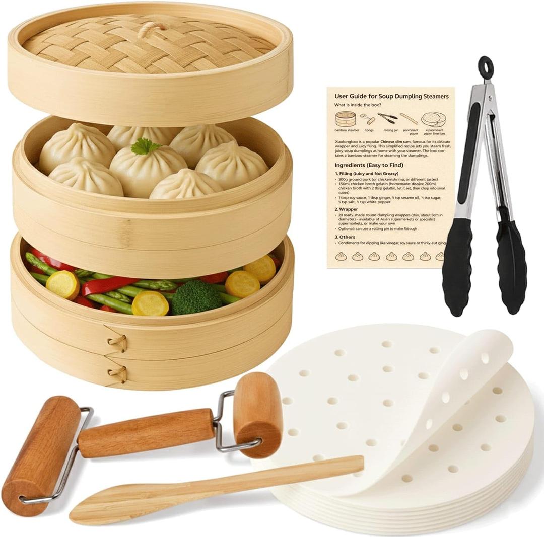 Bamboo Steamer Basket 10 Inch | 2 Tier Dumpling and Dim Sum Steamer for Bao Buns Vegetables and Asian Cooking | Bamboo Steaming Basket Set with Parchment Liners and Food Tongs