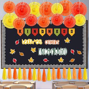 Frienda 92 Pieces Fall Motivational Classroom Bulletin Board Set Kindness Themed Bulletin Board Autumn Thanksgiving Maple Leave Cutouts Paper Fan Paper Tassels Fall Classroom Decorations