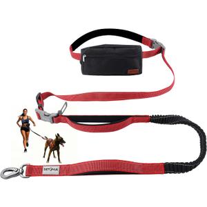 Hands Free Dog Leash with Zipper Pouch, Double Handle Running Reflective Bungee Waist Leash for Dog Walking, Training and Hiking for Small Medium Large Dogs (Red)
