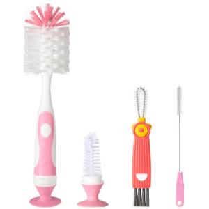 4-in-1 Baby Bottle Brush Set, Including Nylon Bottle Brush, Cap, Straw, Nipple Brushes, BPA-Free (Pink)