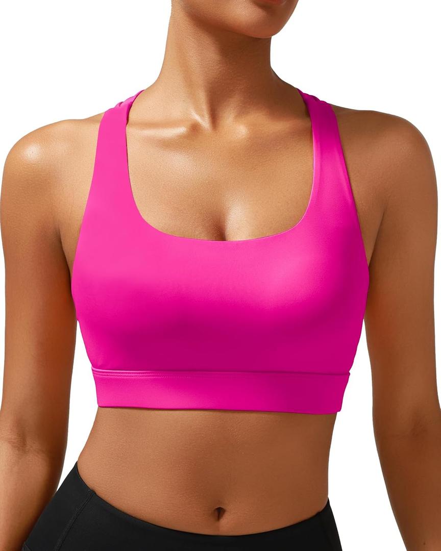 RUNNING GIRL High Impact Sports Bras for Women - Scoop Neck Strappy Sports Bra High Support Moulded Cup Workout Bra (Medium, A-hot Pink)
