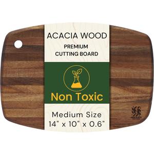 Acacia Wood Cutting Board 14 x 10 Inch Oval, 0.6" Thin Edge Grain, Handle & Hanging Hole, for Fruit, Cheese, Bread, Kitchen Prep, Non-Toxic BPA/Plastic Free, Solid Hardwood by New M Way