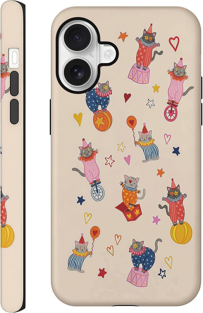 Aesthetic Cases for iPhone 16 Plus, Glossy Hybrid 2-Layer Hard Cover, Protective Scratch Resistant Shell, Cute Circus Cat
