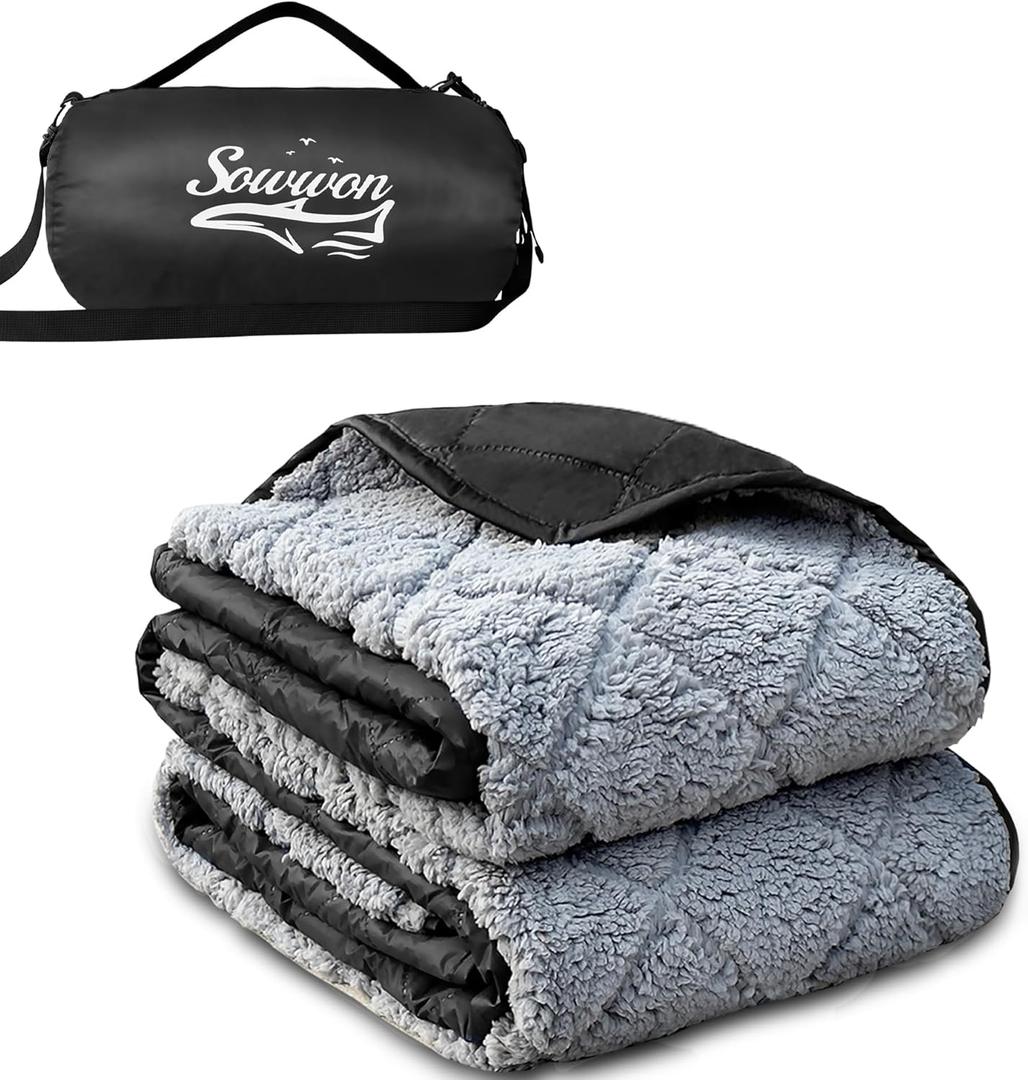 Waterproof Outdoor Blanket 62X 51 Packable, Stadium Blankets for Camping with Sherpa Fleece Lining, Large Windproof Emergency Throw for Garss Picnic Hiking Road Trip, Machine Washable, Black 300GSM