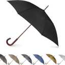 Totes Eco Auto Open Umbrella Classic Wooden J Stick Handle with Easy Grip - Windproof, Rainproof and Durable Canopy Design  Versatile Travel, Perfect for Rainy Days (Black)