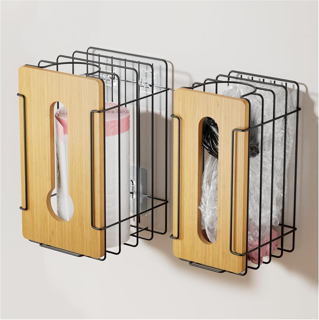 2 Pack Grocery Bag Holder, Wall Mount Bag Holder for Plastic Bags for Grocery Shopping Garbage Trash Bag Organizer with Bamboo Top for Kitchen, Pantry, Under Sink and Garage, Black