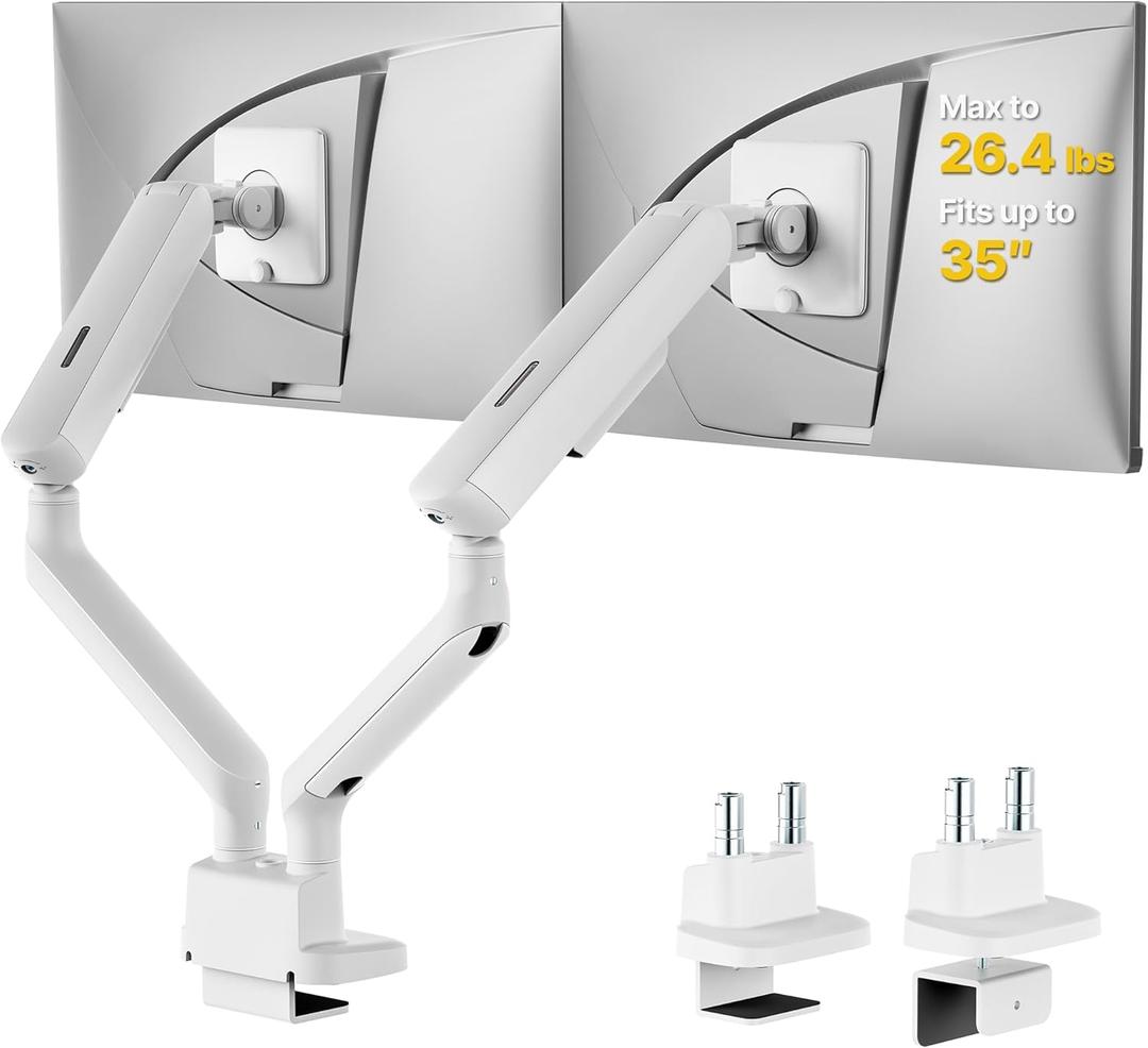 monTEK Dual Monitor Arm, Mechanical Spring Monitor Arm for 17-35" Screens, Adjustable Monitor Desk Mount Each Holds up to 26.4 lbs with C Clamp/Grommet Desk Mount, VESA 75/100mm (White)