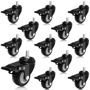 2 Inch Swivel Caster Wheels Set of 12 Metric M8 15mm Threaded Stem Rubber Wheels Double Locking 440 lb Capacity for Cart Desk Furniture Carpet Hardwood Floor 360 Polyurethane No Noise
