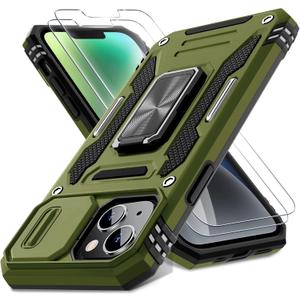 DEERLAMN Case for iPhone 13/iPhone 14 6.1-Inch with Slide Camera Cover+Screen Protector(2 Packs),Rotated Ring Kickstand Military Grade Shockproof Protective Cover-Olive Green