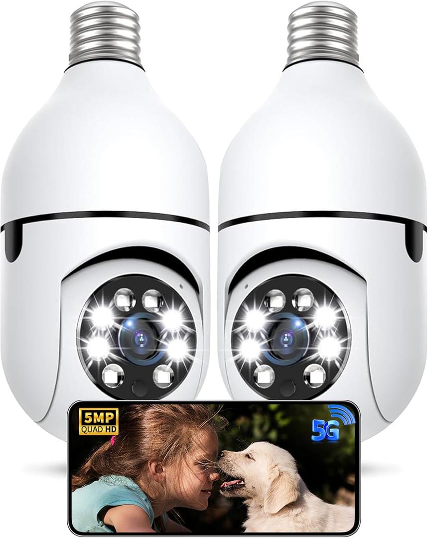 Light Bulb Security Camera 2 Packs, 5G&2.4GHz 5MP Security Cameras Wireless Outdoor 360 PTZ Cameras for Home Security with Color Night Vision, 2 Way Talk, AI Human Detection, Screw in Light Socket (White)