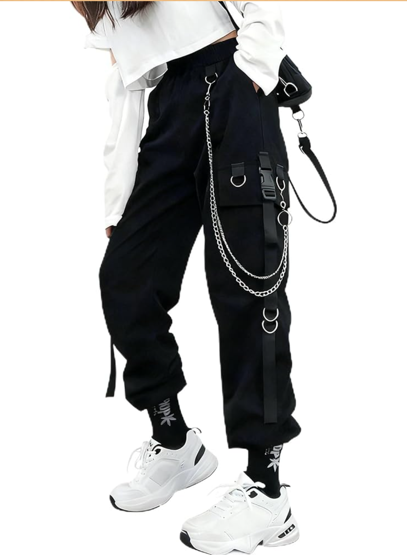 Womens Straight Wide Leg Cargo Pants Elastic Waist Elastic Waist Pants with Chain Jogging Sweatpants Size S