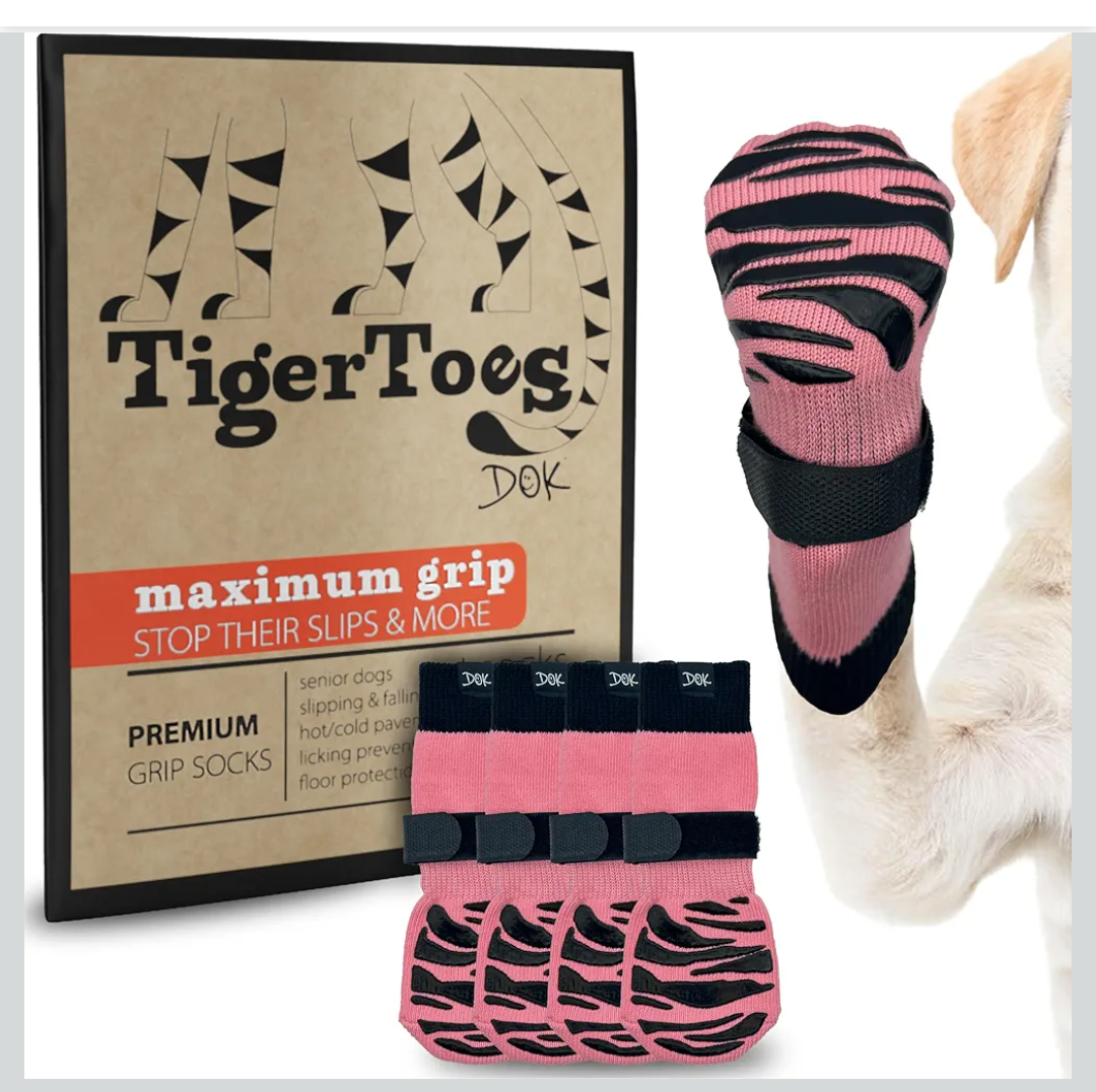 DOK TigerToes Premium NonSlip Dog Socks for Hardwood Floors  ExtraThick Grip that Works Even When Twisted  Prevents Licking, Slipping, and Great for Dog Paw Protection (Sassy Pink, Small)