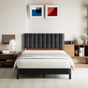 Avenco Queen Size Bed Frame with Velvet Upholstered Piano Keys Headboard, Metal Platform Bed Frame with Metal Slats for Bedroom Furniture, Black