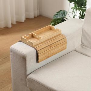 Sofa Arm Tray, Bamboo Large Couch Cup Holder with Hidden Storage, Sofa Armrest Tray Portable Anti-Spill Beverage Snack Remote Holder