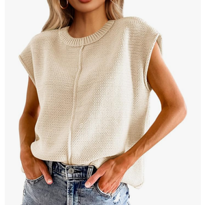 Saodimallsu Womens Summer Cap Sleeve Tops Casual Crew Neck Loose Fit Knit Lightweight Sweater Pullover Top S