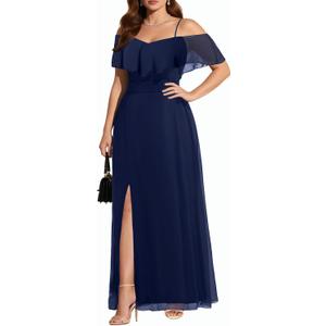 Pinup Fashion Women Plus Size Bridesmaid Dresses - Off The Shoulder Formal Wedding Guest Bridal Shower Long Dress (Navy Blue) 14W
