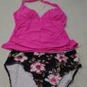B2prity Halter Tankini Swimsuit for Women Tummy Control Two Piece Bathing Suit V Neck Swimwear with Shorts Medium, Hot Pink Print