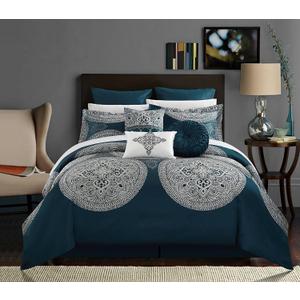 Chic Home 9 Piece Orchard Place Faux Silk Luxury Large Medalion Jacquard with Embroidery Details and Trims King Comforter Set Blue