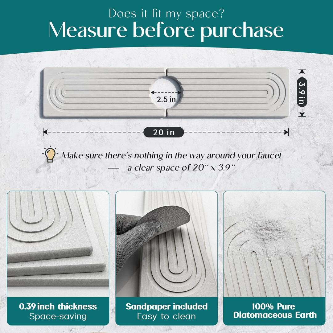 Eormoe Diatomite Sink Splash Guard - DryingNeat Kitchen Faucet Mat, Instant Dry Water Absorbing Stone Tray for Sink, Durable Protector for Kitchen Bathroom Counter [Light Grey, 20"]