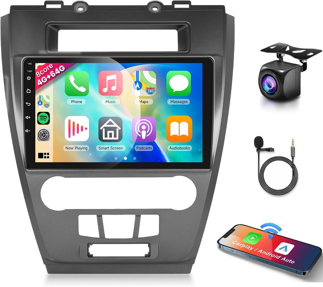 8 CORE 4G+64G Car Radio Stereo for Ford Fusion Mondeo Mustang 2009-2012 Wireless CarPlay Android Auto, 10.1 Inch IPS Touch Scree Android 13 GPS WiFi Bluetooth 32-Band DSP AHD Backup Camera