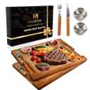 Acacia Wooden Steak Plates Board for Eating Set of 2,15.7" Meat Cutting Boards for Steak Food Serving Tray with Fork, Knife & Ramekins,Charcuterie Platter for Kitchen, BBQ & Entertaining
