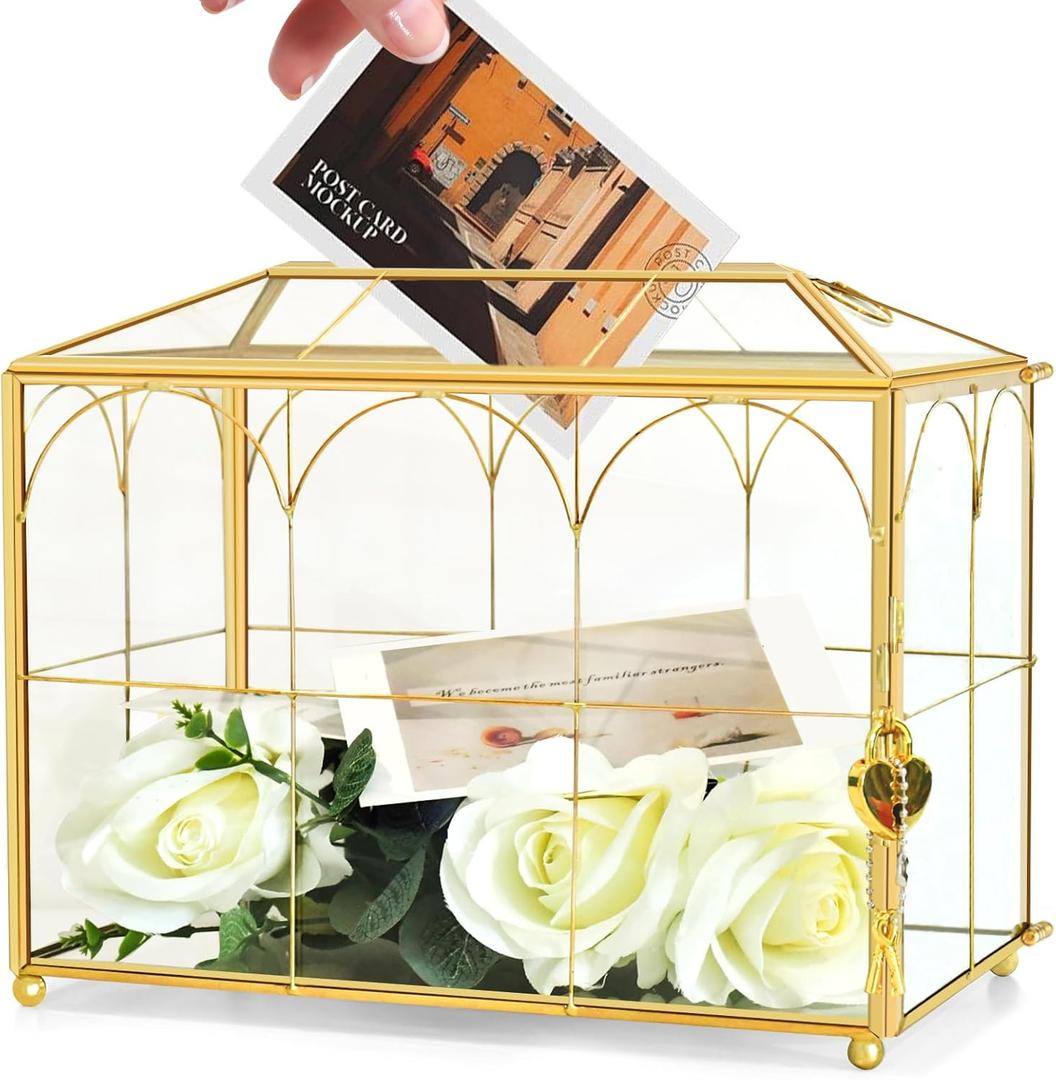 Glass Wedding Card Box with Slot, 10.2 x 5.9 x 7.9 Inches Handmade Vintage Gold Wedding Card Boxes for Reception, Keepsake, Baby Shower, Graduation, Party Decorative Box