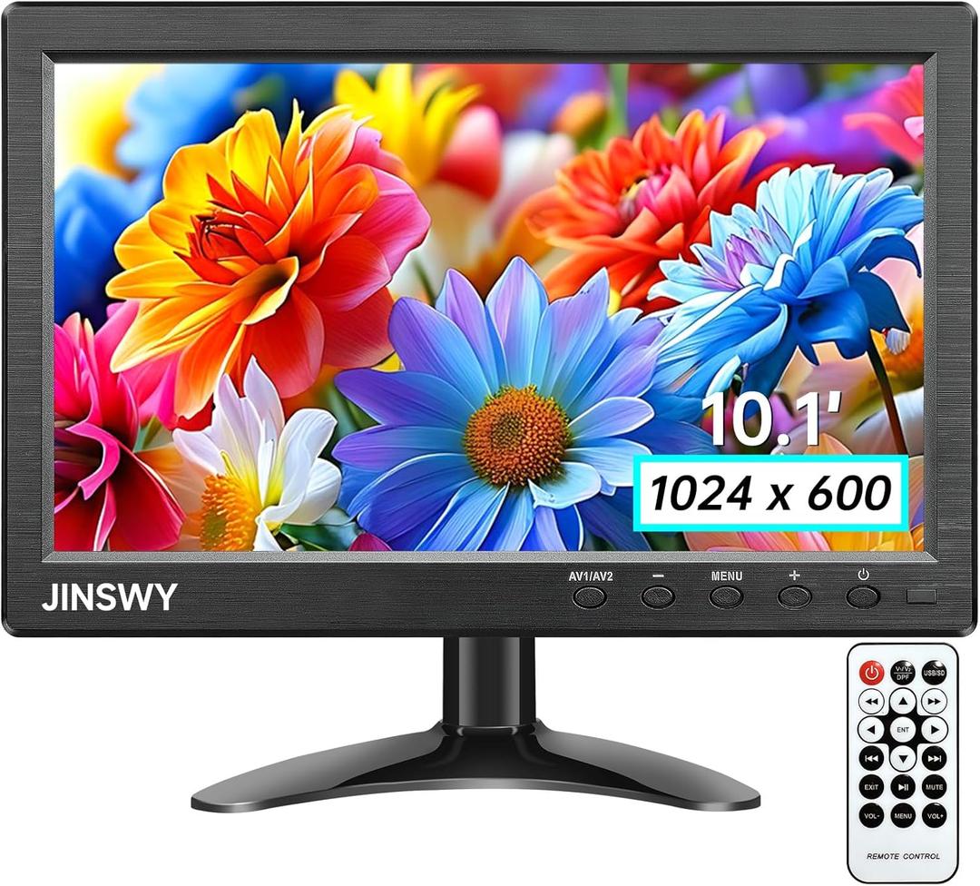 10.1" Security Monitor, 1024x600 HD Display, HDMI VGA BNC AV USB Ports, Small Monitor with Built-in Speakers & Remote Control, for CCTV Surveillance, DVR, PC, Raspberry Pi