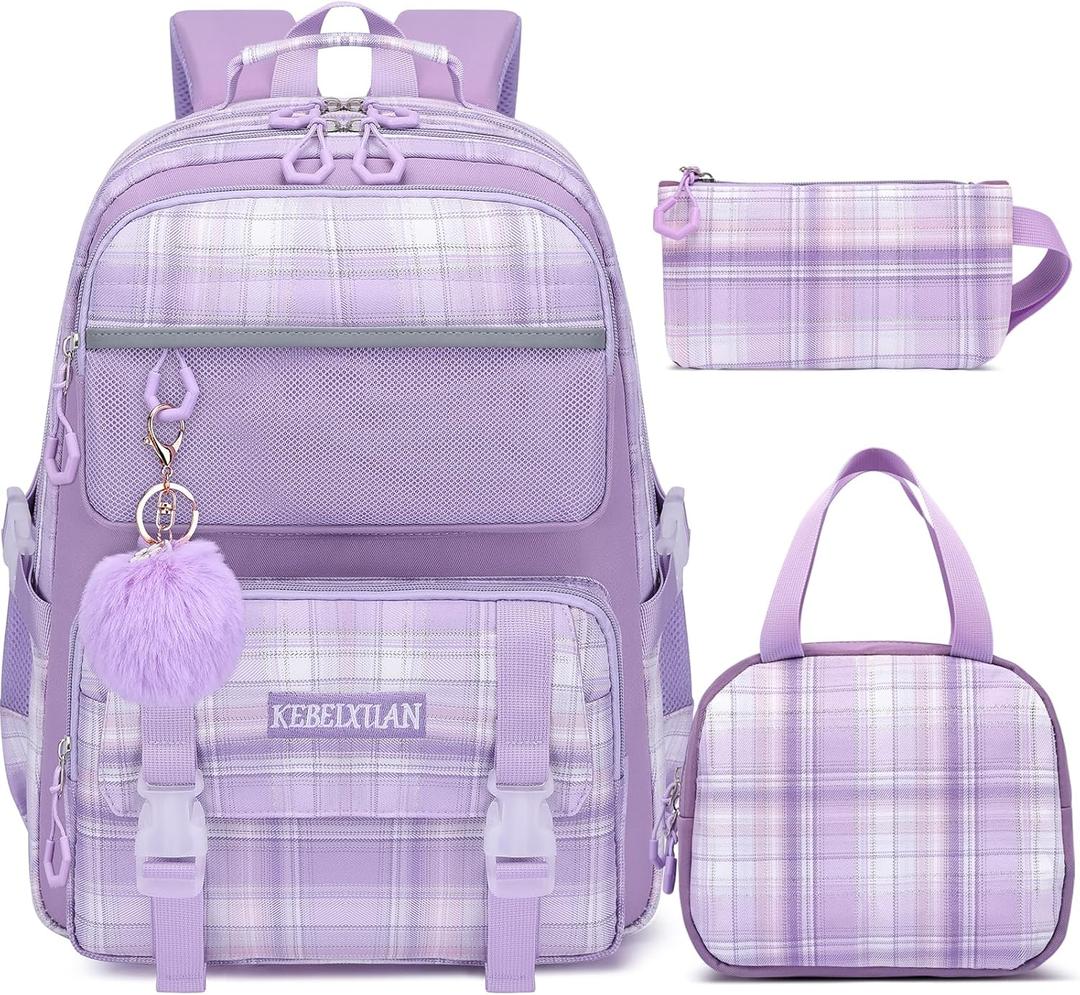 KEBEIXUAN Girls Backpack - 3PCS Cute Plaid School Bookbag Set for Ages 6-12 with Lunch Box & Pencil Case, Lightweight Multi-Pocket Daypack for Elementary, Travel (Purple)