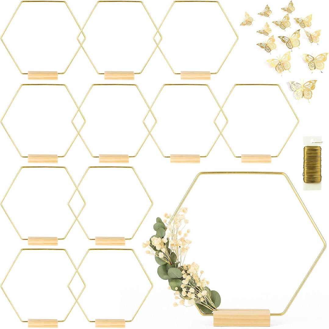 12 Pack Hexagonal Floral Hoops with Stand 12 Inch Metal Rings for DIY Centerpiece Table Decorations Crafts Macrame Ring Hoops Dream Catcher Rings Wedding Birthday Wreath Craft Hoops with Holder, Gold